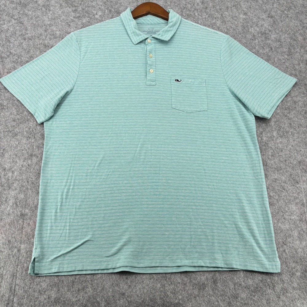 Vineyard Vines Edgartown Polo Shirt Mens XL Green White Striped Pocket Short Slv